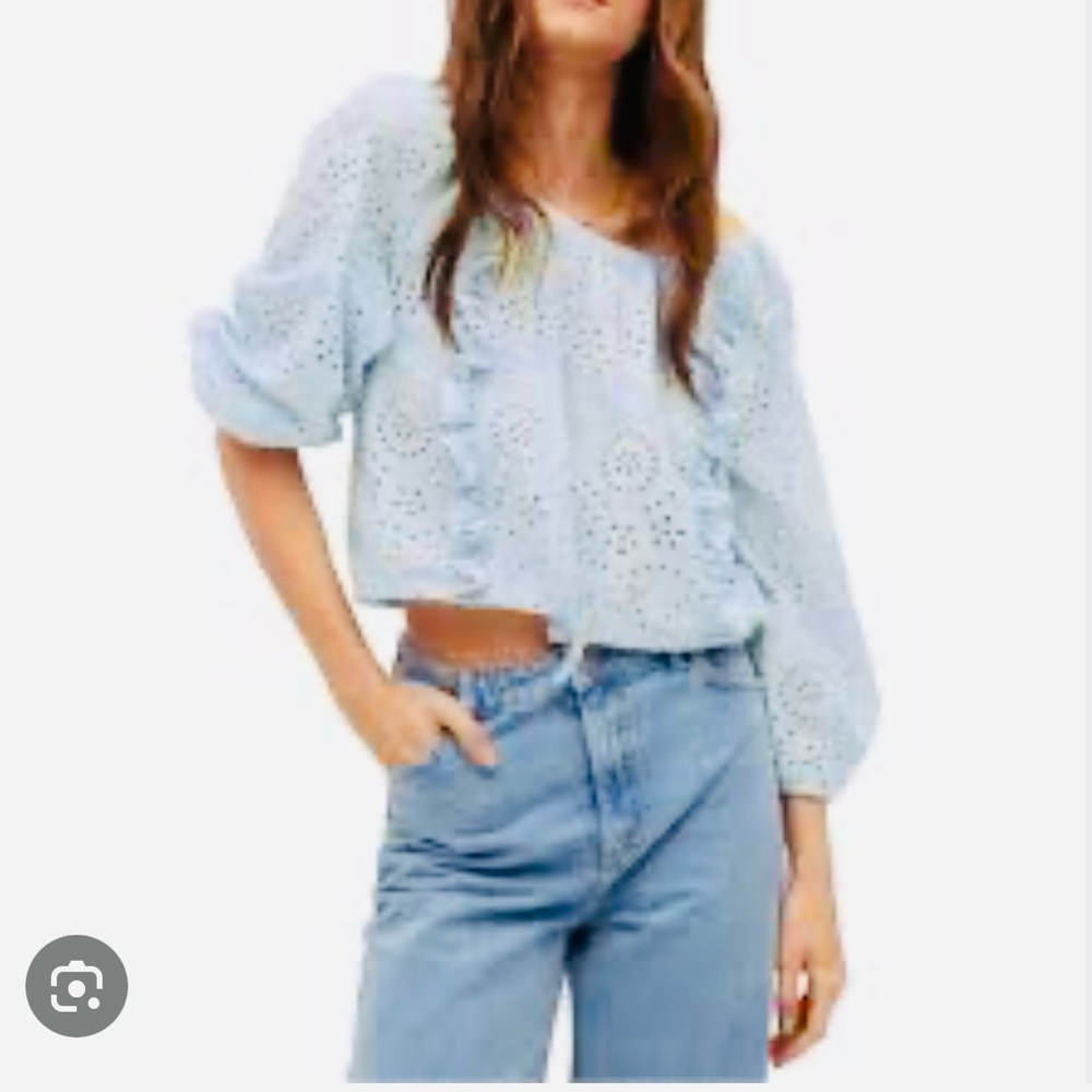 Joie Embroidered Cotton Puff Sleeve Lasercut Ruffle Light Blue Eyelet Blouse.S.